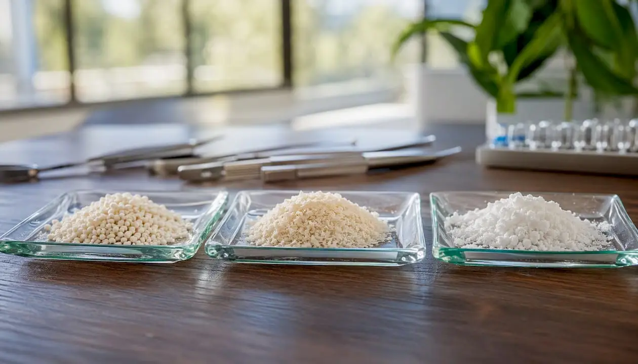 Assorted bone graft materials on ceramic dishes