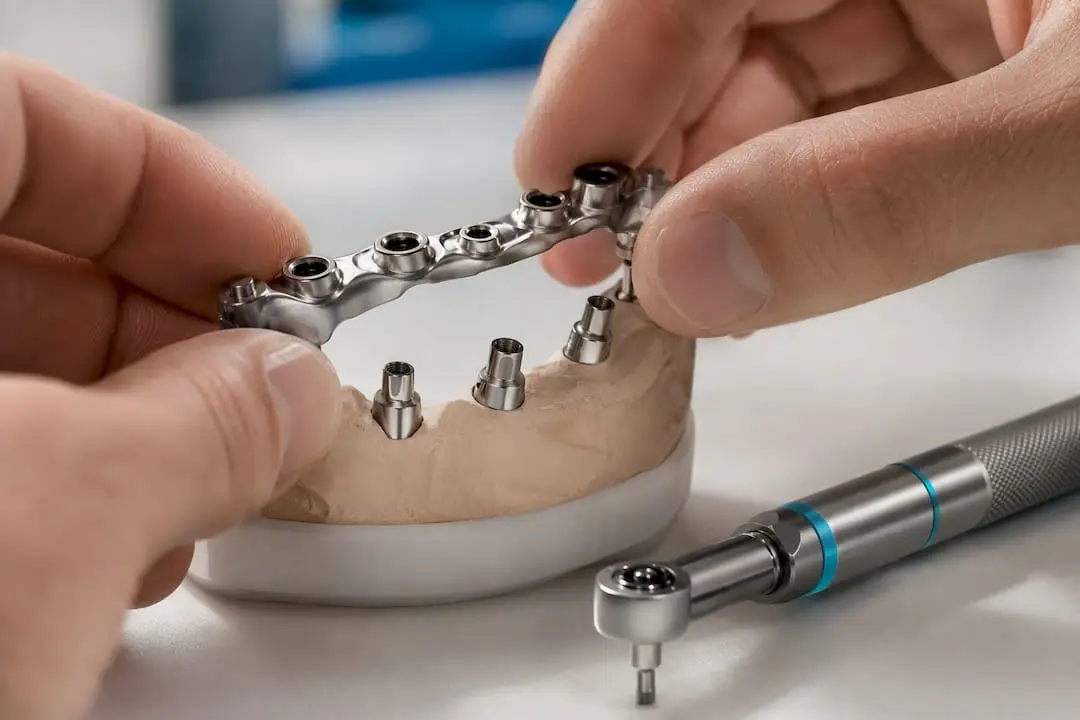 Technician checking passive fit on implant analogs