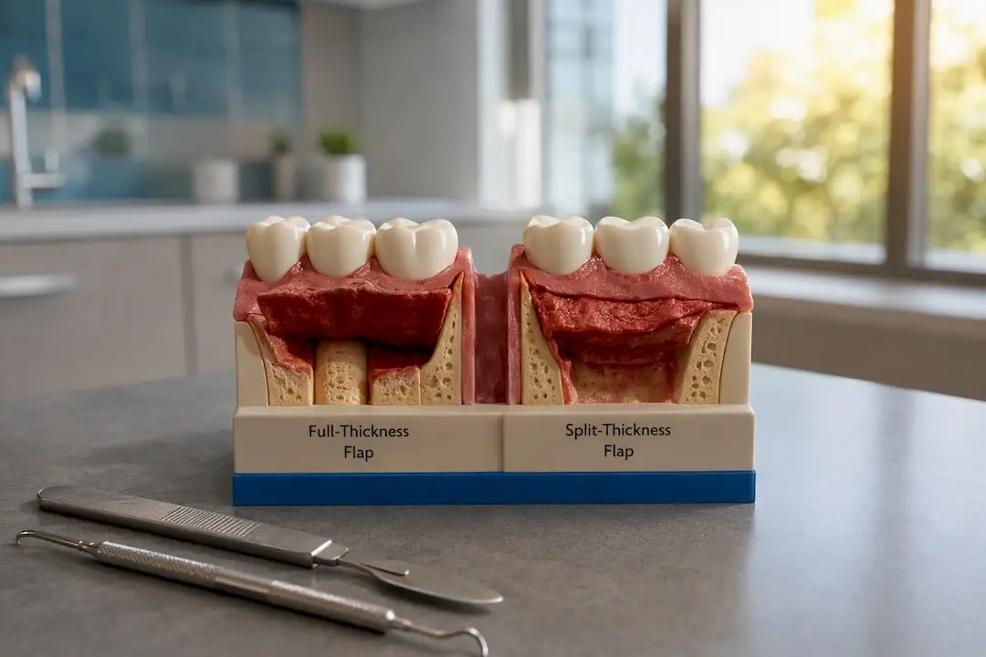 Dental model showing full vs split thickness flaps