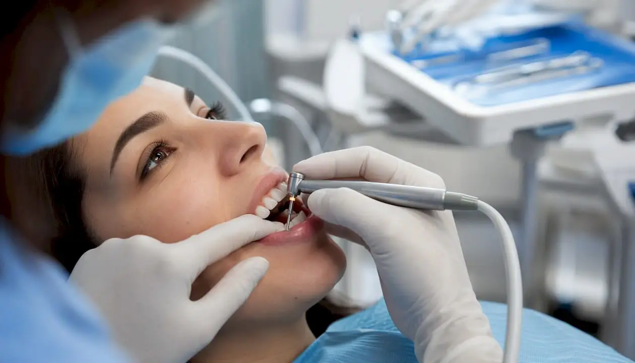 Hands performing IPR on anterior teeth