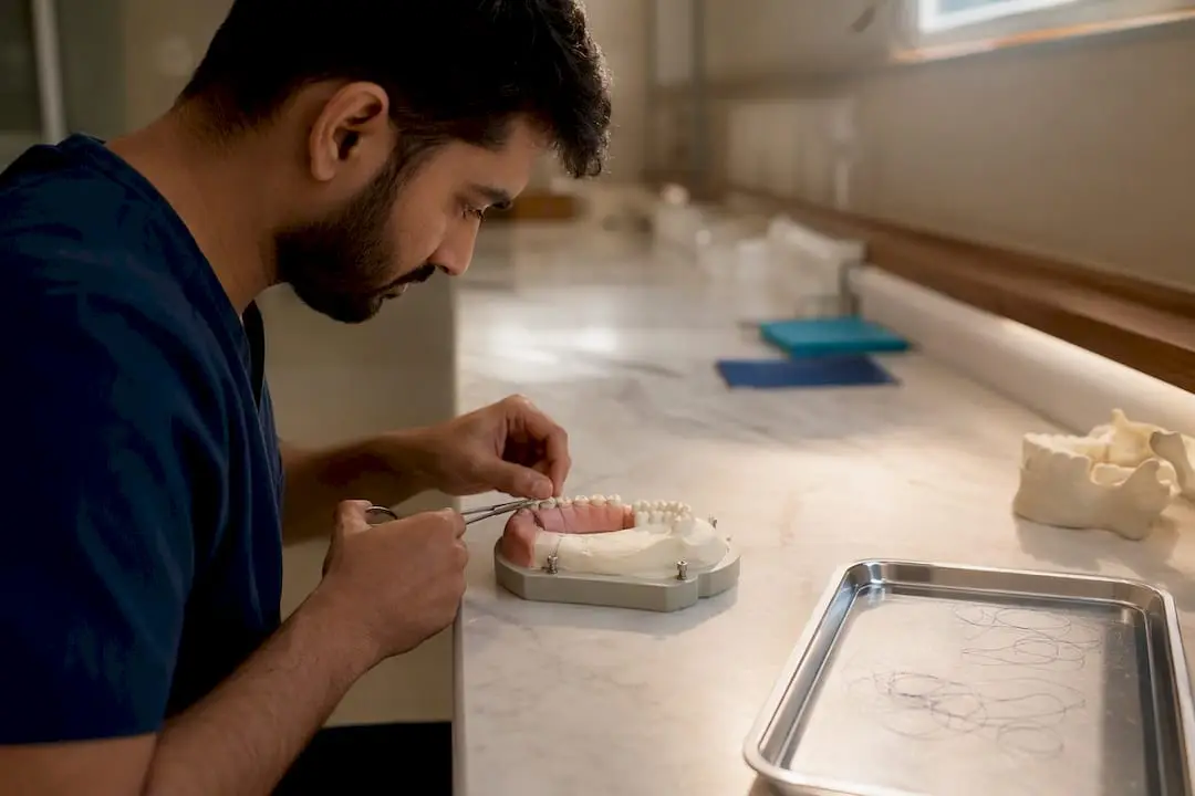 Trainee practicing suturing on phantom jaw