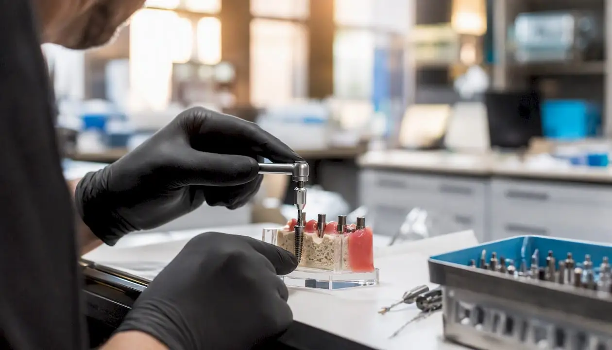 Gloved hands placing dental implant in model