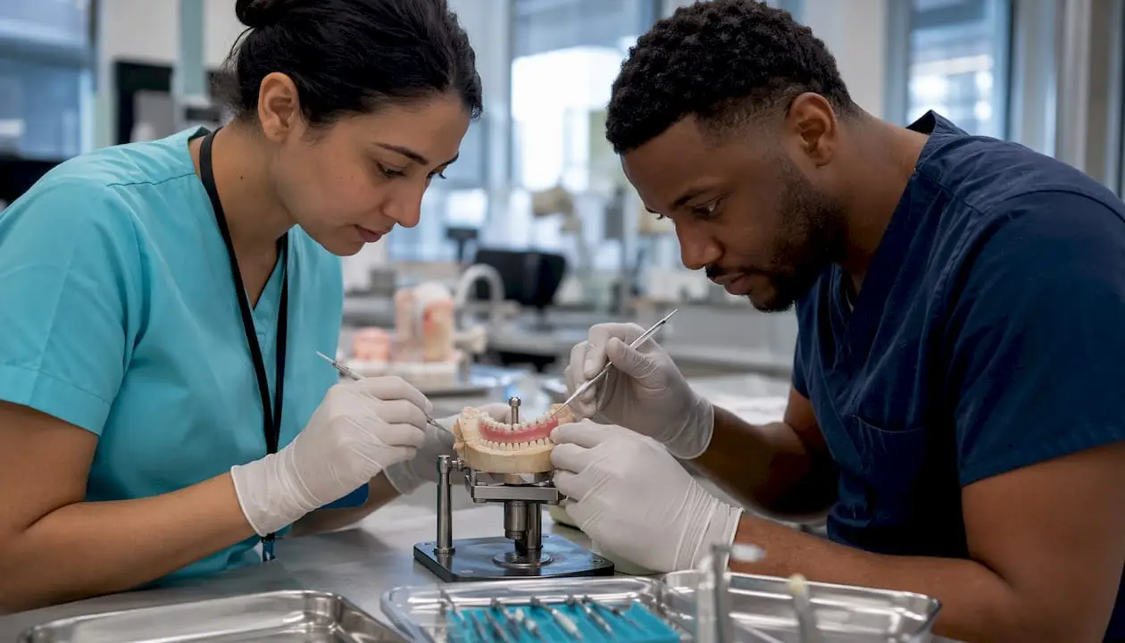 Dentists practicing implant placement on model