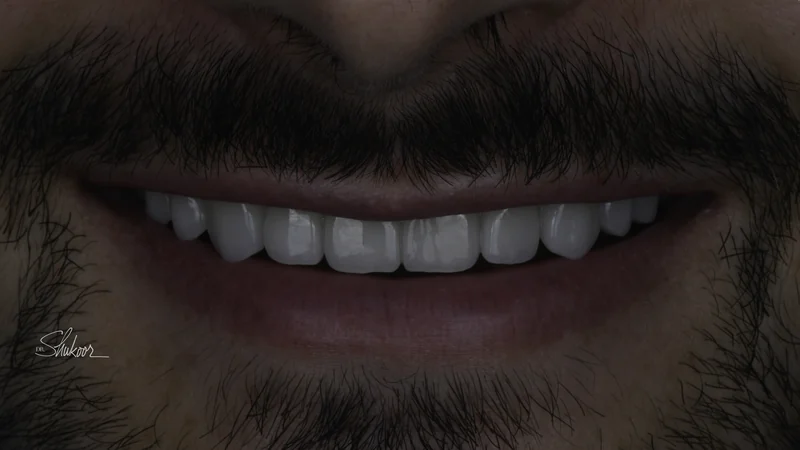 Worn & Uneven Front Teeth Rebuilt With Porcelain Veneers, full smile view: after treatment