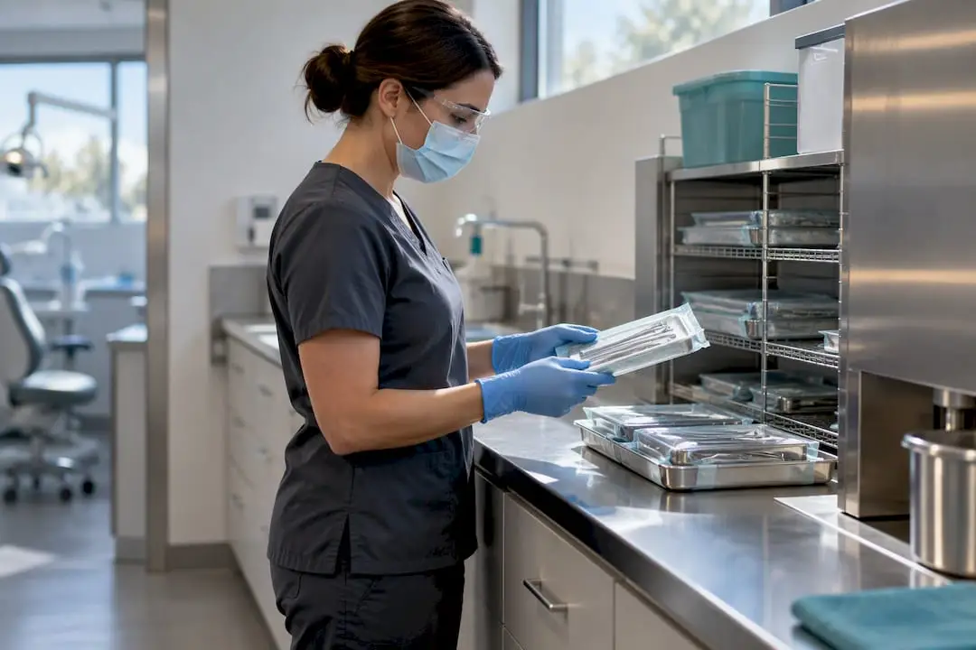 Faculty member auditing dental infection control area