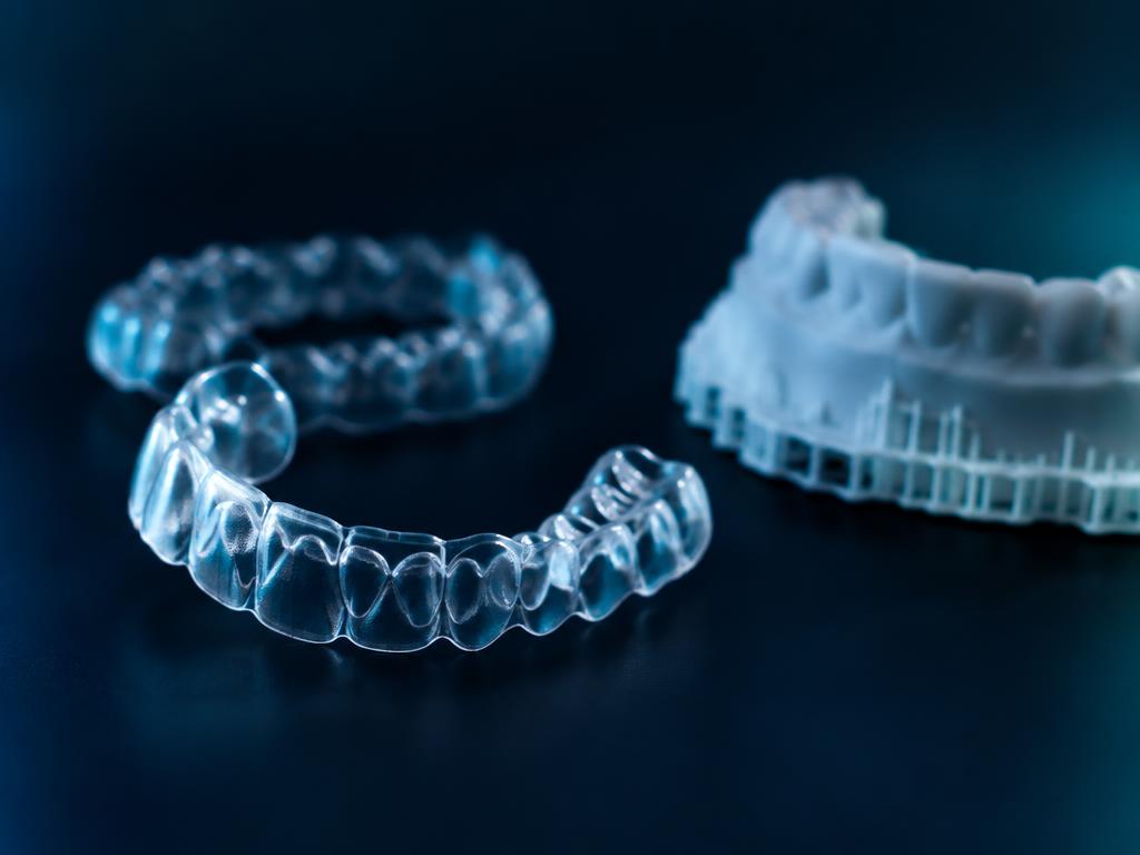 Clear aligner trays beside a printed dental model