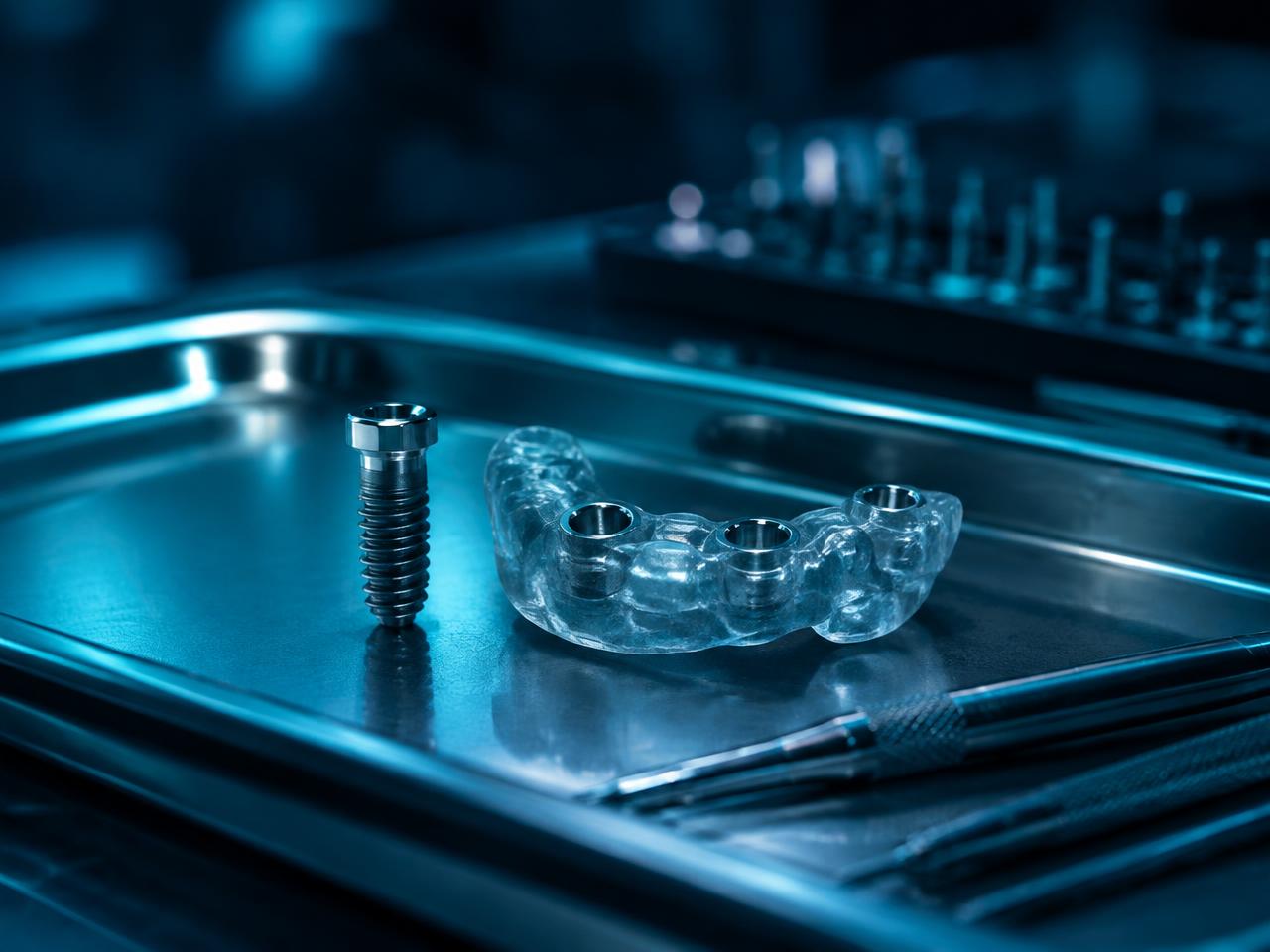 Dental implant and surgical guide on a sterile tray