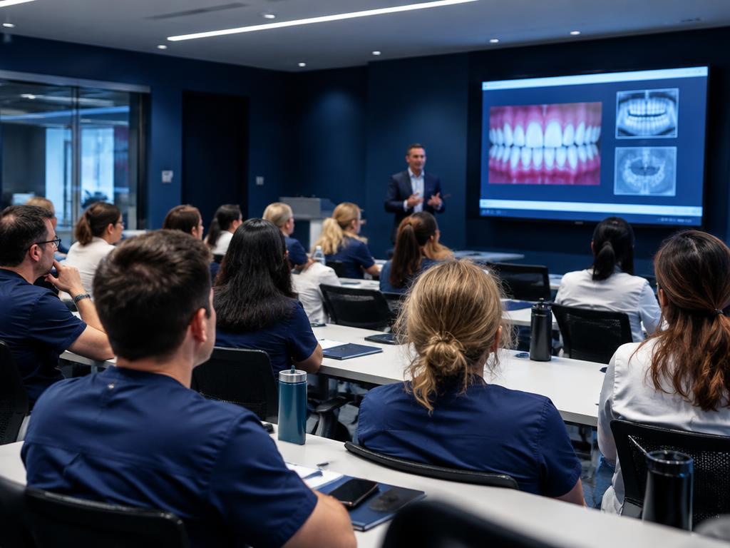 Dental continuing education classroom during a live lecture